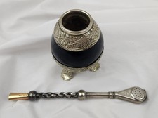 Vintage Alpaca Silver Yerba Mate Gourd Cup & Bombilla Straw Set Argentina Unused picture