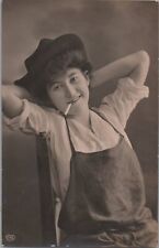 ZAYIX Pretty Lady in Men's Work Clothes Smoking c 1910 Real Photo RPPC vintage picture