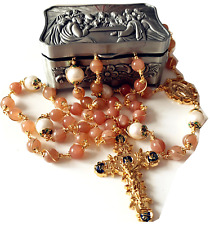 Wrapped Orange Moonstone & Real Pearl Beads Rosary Necklace cross box Catholic  picture