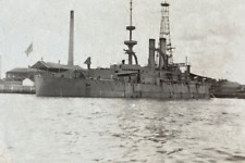 RARE  U.S. NAVY - BATTLESHIP USS WISCONSIN (BB-9) AT DOCK 1909-10 PHOTOGRAPH picture