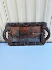 Vintage Handcarved Wooden Tray With Glass Protector picture