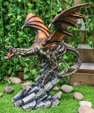 Large Flying Striped Dragon Over Frozen Rocks Statue Mythical Fantasy Figurine picture