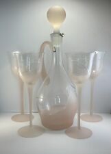 Vintage-Style Art-Deco Pink Frosted Cut Glass Wine Decanter & Wine Glasses Set picture