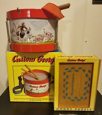 Vintage Schylling Curious George CLASSIC Tin Drum Wood Sticks And Moody Puzzle picture