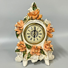 Lanshire T3 Mantle Clock Porcelain Self Starting Orange Gold Roses 11 inch VIDEO picture