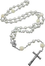 Pure White Pearl Beads Rosary Necklace Rose Lourdes Medal & Cross Crucifix picture