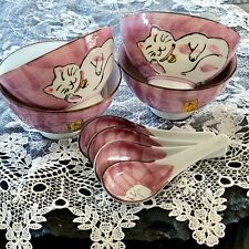 Japanese Maneki Neko Lucky Cat Rice Bowls & Spoons Porcelain 4.5