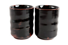 Mino ware Japan Pottery Pair Short Yunomi Chawan Tea Cup Black & Brown Glossy picture