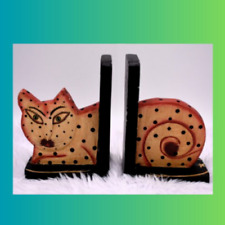 Wooden Folk Art Leopard or Spotted Yellow Orange Cat Bookends Laurel Birch-style picture