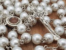 White Pearl Beads Rosary Catholic Necklace Religious Jerusalem Holy Soil & Cross picture