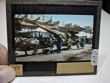COLORED Glass Magic Lantern Slide CDR CHINA Merchants CART OXEN CHINESE crack picture