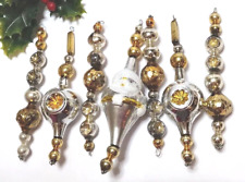 vtg Christmas Ornaments lot of 7 Mercury Glass Bead Icicles SANTA Silver Gold F8 picture