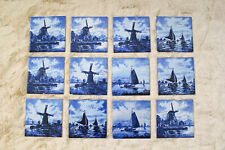 12 Blue H. & R. Johnson Windmill Waterfront Made England Ceramic Tile 4x4Holland picture