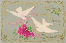 1907 Valentine Glitter Embossed Antique Vintage Postcard Dove Floral Rose Love picture