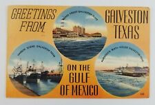 Postcard Greeting From Galveston Texas Harbor Ships Beach Bath House 1951 picture