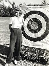 J9 Photograph 1940's Beautiful Woman Pretty Poses With Archery Target Arrows picture