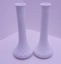 Vintage Hoosier White Diamond Milk Glass Bud Vases Pair #4092 - 8 3/4” Tall picture