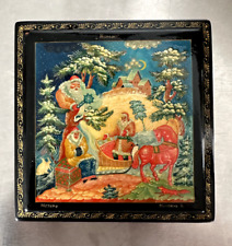 VINTAGE Father Christmas Black RUSSIAN TRINKET Jewelry BOX lacquer SANTA CLAUS picture