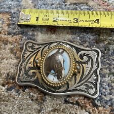 Vintage Equestrian Horse Head Metal Belt Buckle Silver Tone Old House Estate  picture