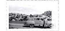 Photograph 1950s Older Woman Headscarf & Whitewall Sedan SW Desert Road Arizona picture