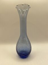 Vintage Cobalt Blue Crackle Glass Base Vase Scalloped Ruffle Top 7.75” picture