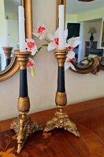 French Empire Baroque Style Brass Black Ribbed Fluted Columnar Stem Candlesticks picture