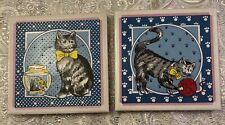 Vintage Cathay Cat Ceramic Tile Trivets, Cat w/Yarn & Cat w/ Fishbowl picture