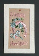 A Happy New Year Embroidered Cloth Horseshoe Antique Postcard Bleco c1910s picture