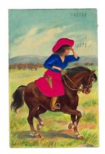 1908 Postcard Cowgirl Riding Horse w/Pistol Red/Blue Silk, Embossed picture