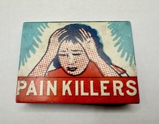 VTG 1940? Metal Storage Box Tin “Painkillers” Advertisement Headache Retro Read picture