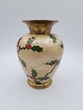 Vintage Enamel Brass Christmas vase 7 1/2” Tall Holly Berries picture