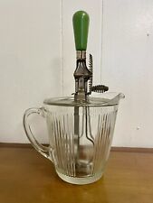 Vintage A & J Hand Mixer Egg Beater, 2 Cup Glass Measure, Green Wood Handle picture