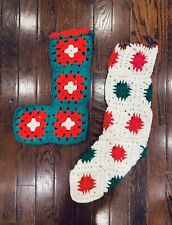 Set Granny Square Christmas Stockings Lot of 2 Grannycore Vintage Holiday Decor picture