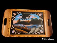 Vintage Brazilian Rio de Janeiro Morpho Butterfly Wing Inlay Wood 2-handle Tray picture