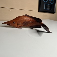 Handmade Wood Fish Figurine Carved Marlin Sculpture Signed Brown Nautical Decor picture
