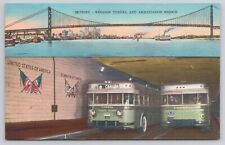 Detroit Michigan - Windsor Tunnel and Ambassador Bridge Old Buses Linen Postcard picture