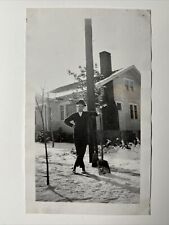 1930s MAN Shoveling SNOW outside of HOUSE Snapshot Photo posing w SNOW SHOVEL picture