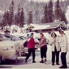 1T Photograph Cute Women Snow Bunnies Ski Resort Old Cars Parking Lot Snow 1959 picture