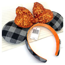 Minnie Mouse Ears Orange Bow Sequin Halloween Plaid Disney-Parks Headband NEW picture