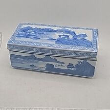 Oriental blue and white Box Porcelain Hand Painted Signed VTG Qianlong  picture