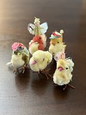 Vintage MCM Chenille Mini Easter Chicks w Pixie Elf & Hat Wire Japan Lot of 5 picture