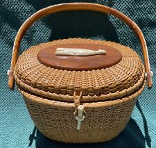 OLDER NANTUCKET WOVEN BASKET WITH LID AND HANDLE, SPERM WHALE CARVING ON TOP picture