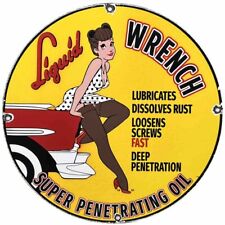 VINTAGE LIQUID WRENCH PORCELAIN SIGN GAS SERVICE STATION PUMP PLATE PINUP GIRL picture