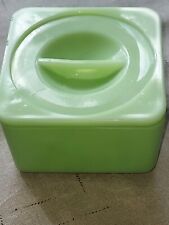 Vtg. Jeanette Glass Jadeite Uranium Green Square Refrigerator Dish & Lid 1930s picture