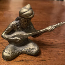 Vintage Brass Middle Eastern Man Musician Playing Mandolin Guitar 3.5”x2.5” picture
