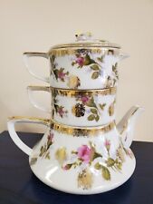 Vintage Lefton Stacking Teapot Set Pink Roses Sugar Bowl Creamer Gold Trim  picture
