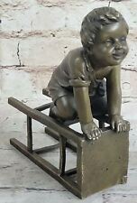 Signed~Clara~Playful Little Boy on Chair Bronze Sculpture Children Statue Figure picture