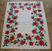 Retro Cotton Tablecloth Big Fat Red Roses 1950-60s Vintage 60" x 47" Great Shape picture