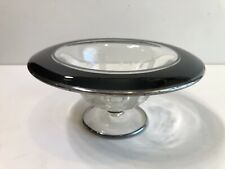Vintage Etched Crystal Candy Dish Pedestal Bowl, Black & Silver Rim, 8 1/2