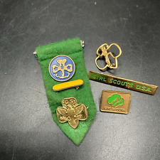 Vintage Girl Scouts Pins Membership World Blue Trefoil Gold Tone Brass picture